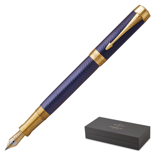 Parker Duofold Prestige Blue Chevron Gold Trim Fountain Pen Fine Nib