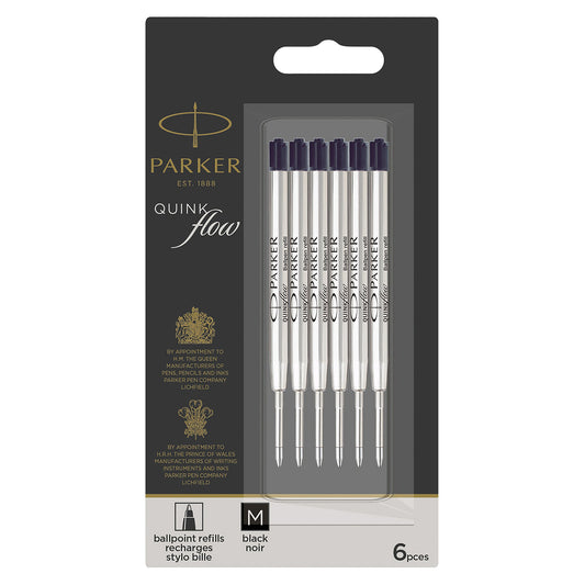 Parker Quinkflow Ballpoint Pen Refill in black ink with a medium tip 6 Pcs