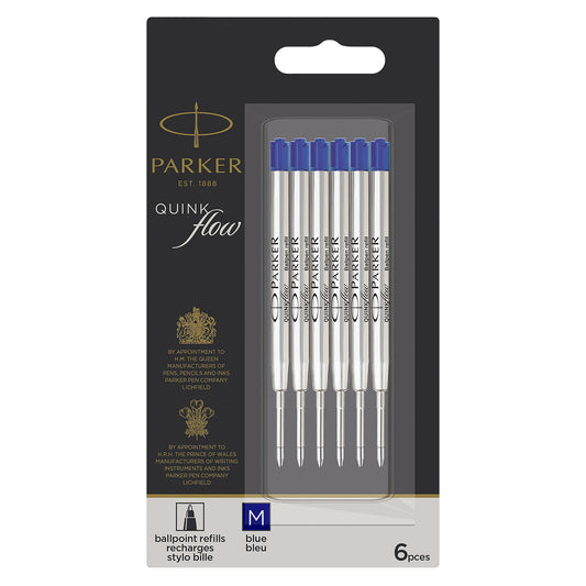 Parker Quinkflow Ballpoint Pen Refill in blue ink with a medium tip 6 Pcs