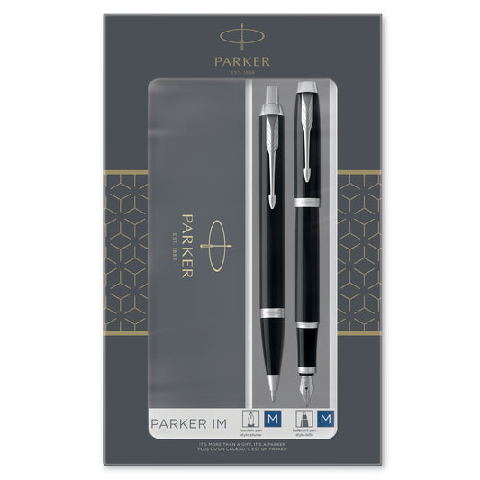 Parker IM Duo Gift Set Ballpoint and Fountain Pen in Black with Chrome Trim