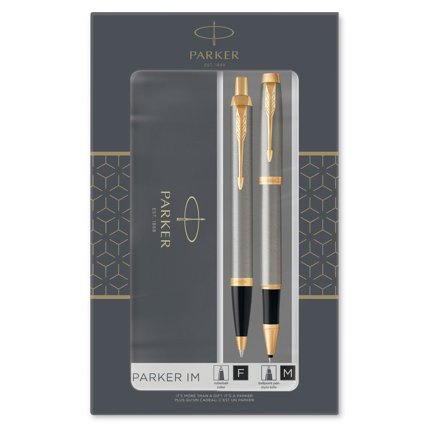 Parker IM Duo Gift Set Ballpoint and Rollerball Pen in Brushed Metal with Gold Trim