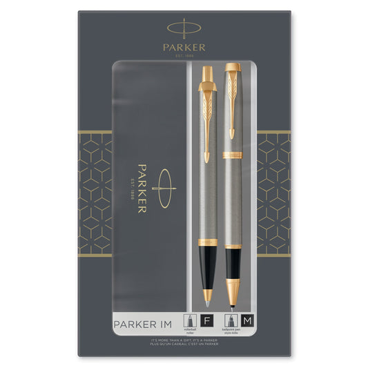 Parker IM Duo Gift Set Ballpoint and Rollerball Pen in Brushed Metal with Gold Trim