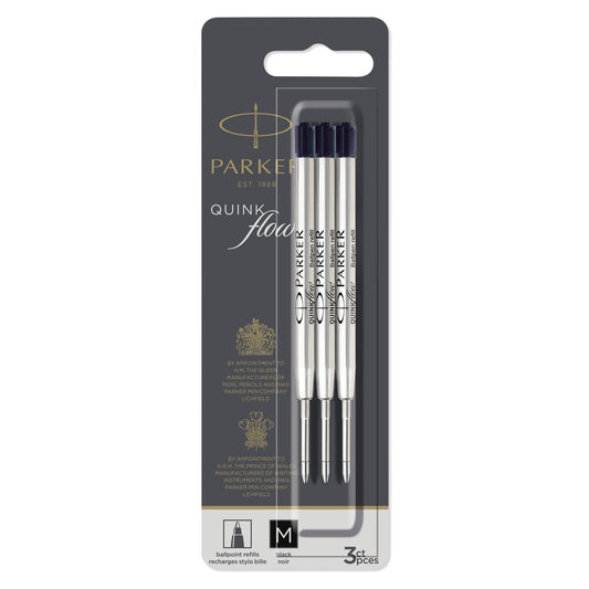 Parker Quinkflow Ballpoint Pen Refill in black ink with a medium tip 3 Pcs