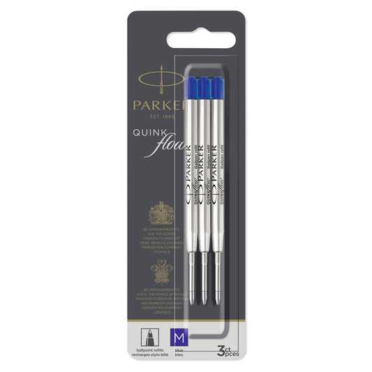 Parker Quinkflow Ballpoint Pen Refill in blue ink with a medium tip 3 Pcs