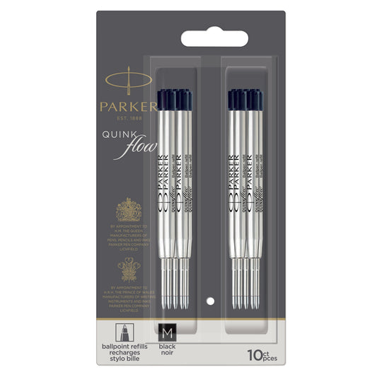 Parker Quinkflow Ballpoint Pen Refill in black ink with a medium tip 10 Pcs
