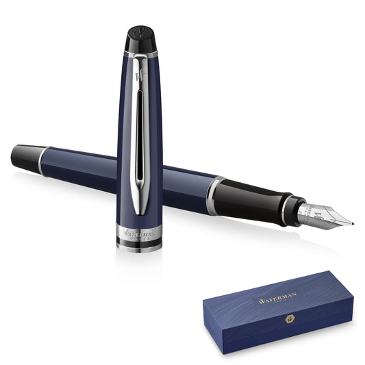 Waterman Expert Blue Chrome Trim Fountain Pen Medium Nib