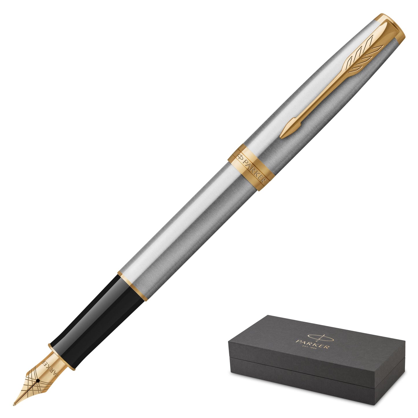 Parker Sonnet Stainless Steel Gold Trim Fountain Pen Fine Nib