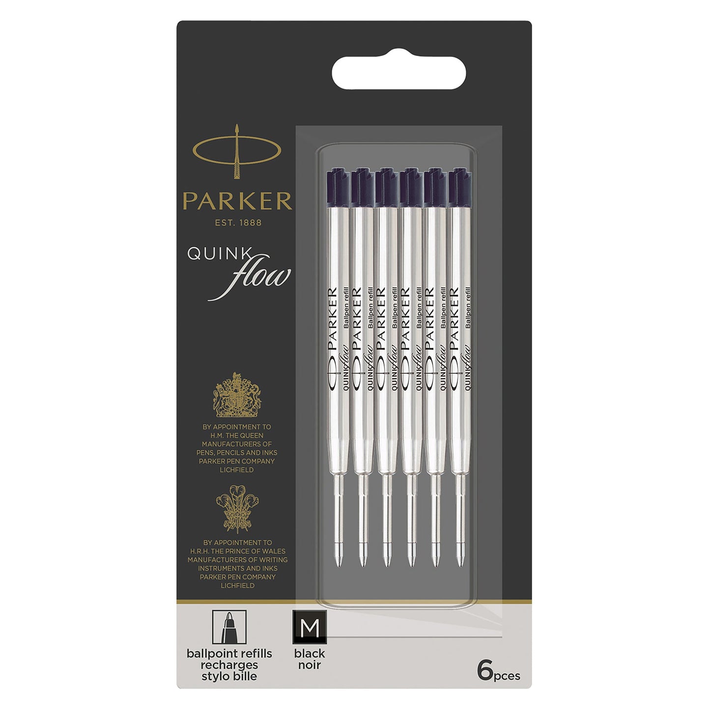 Parker Quinkflow Ballpoint Pen Refill in black ink with a medium tip 6 Pcs