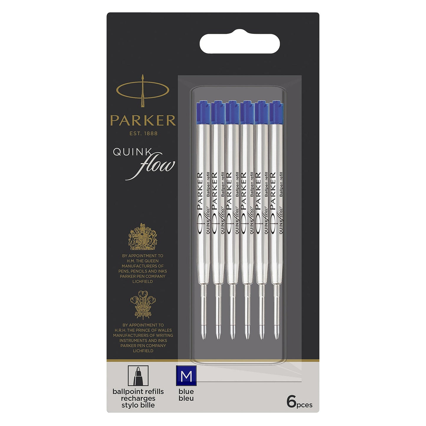Parker Quinkflow Ballpoint Pen Refill in blue ink with a medium tip 6 Pcs