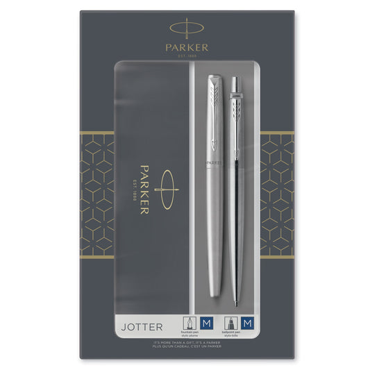 Parker Jotter Duo Set Stainless Steel Ballpoint and Fountain Pen with Chrome Trim