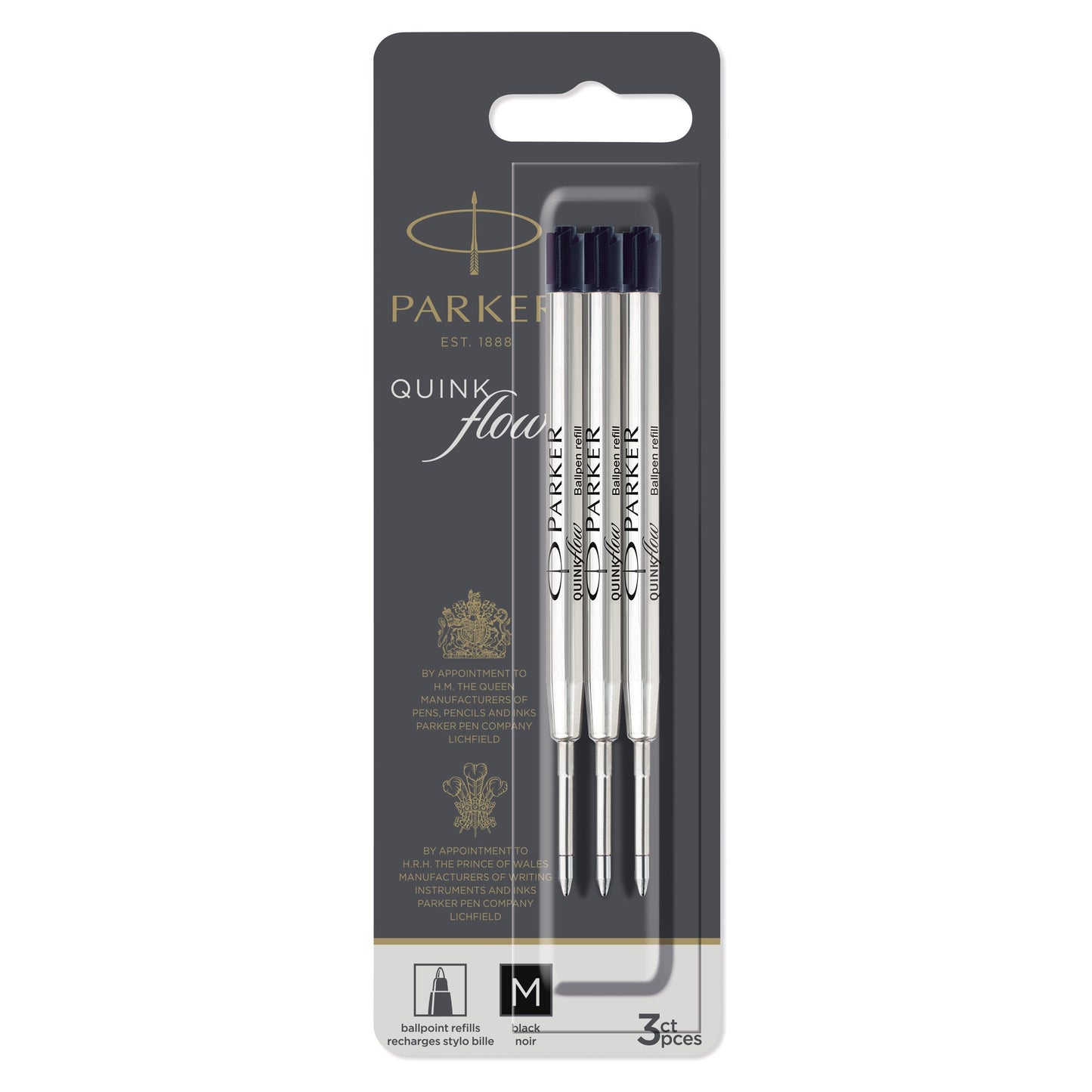 Parker Quinkflow Ballpoint Pen Refill in black ink with a medium tip 3 Pcs