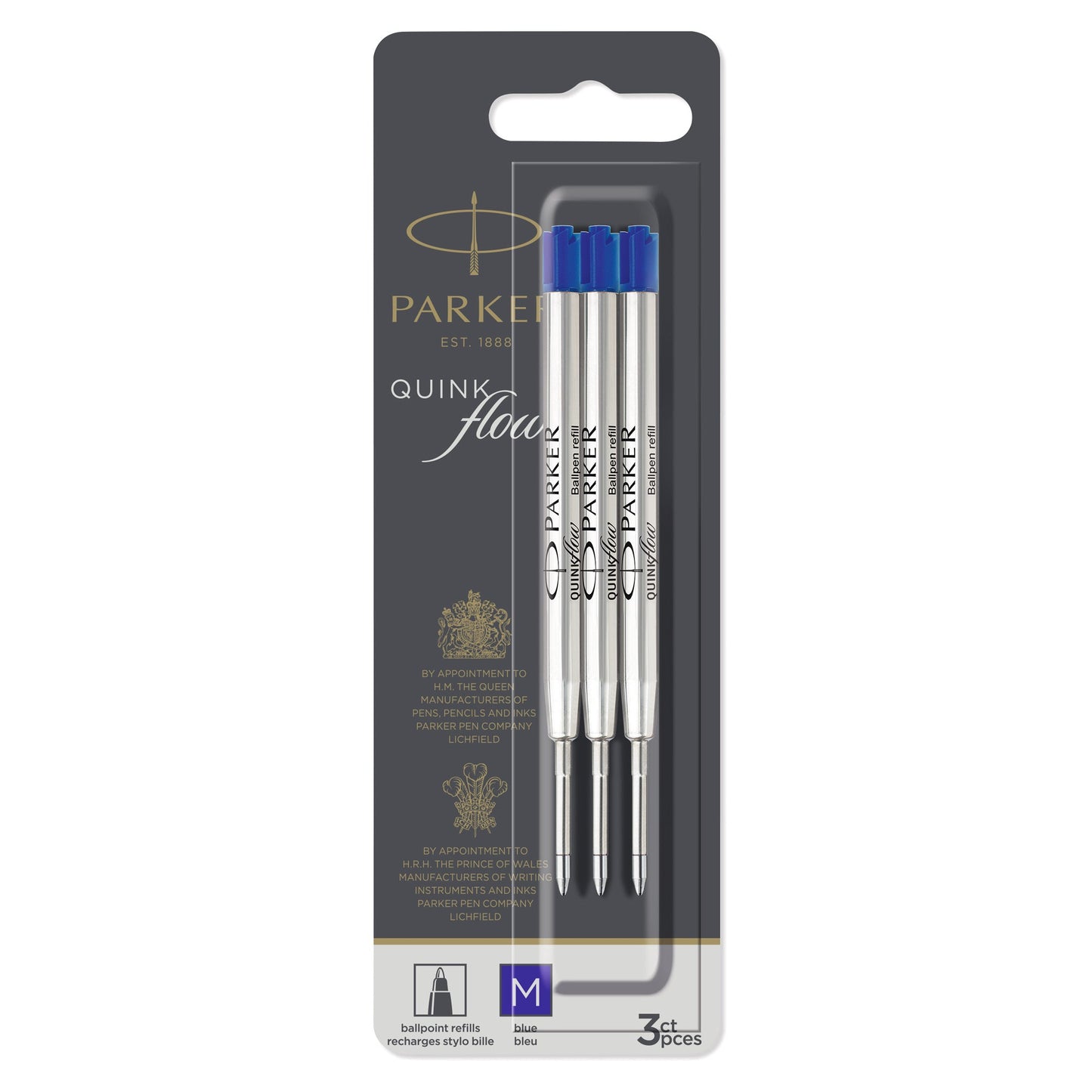 Parker Quinkflow Ballpoint Pen Refill in blue ink with a medium tip 3 Pcs