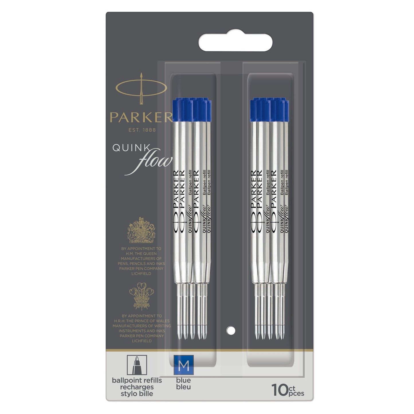 Parker Quinkflow Ballpoint Pen Refill in blue ink with a medium tip 10 Pcs