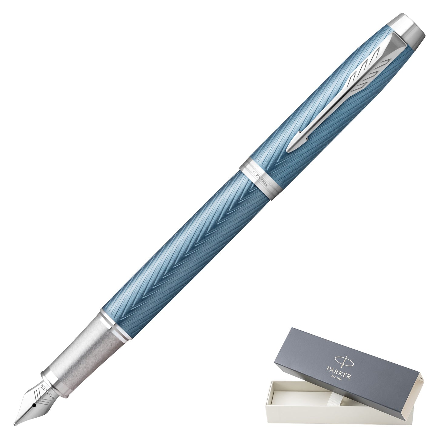 Parker IM Premium Blue Grey Chrome Trim Fine Point Fountain Pen